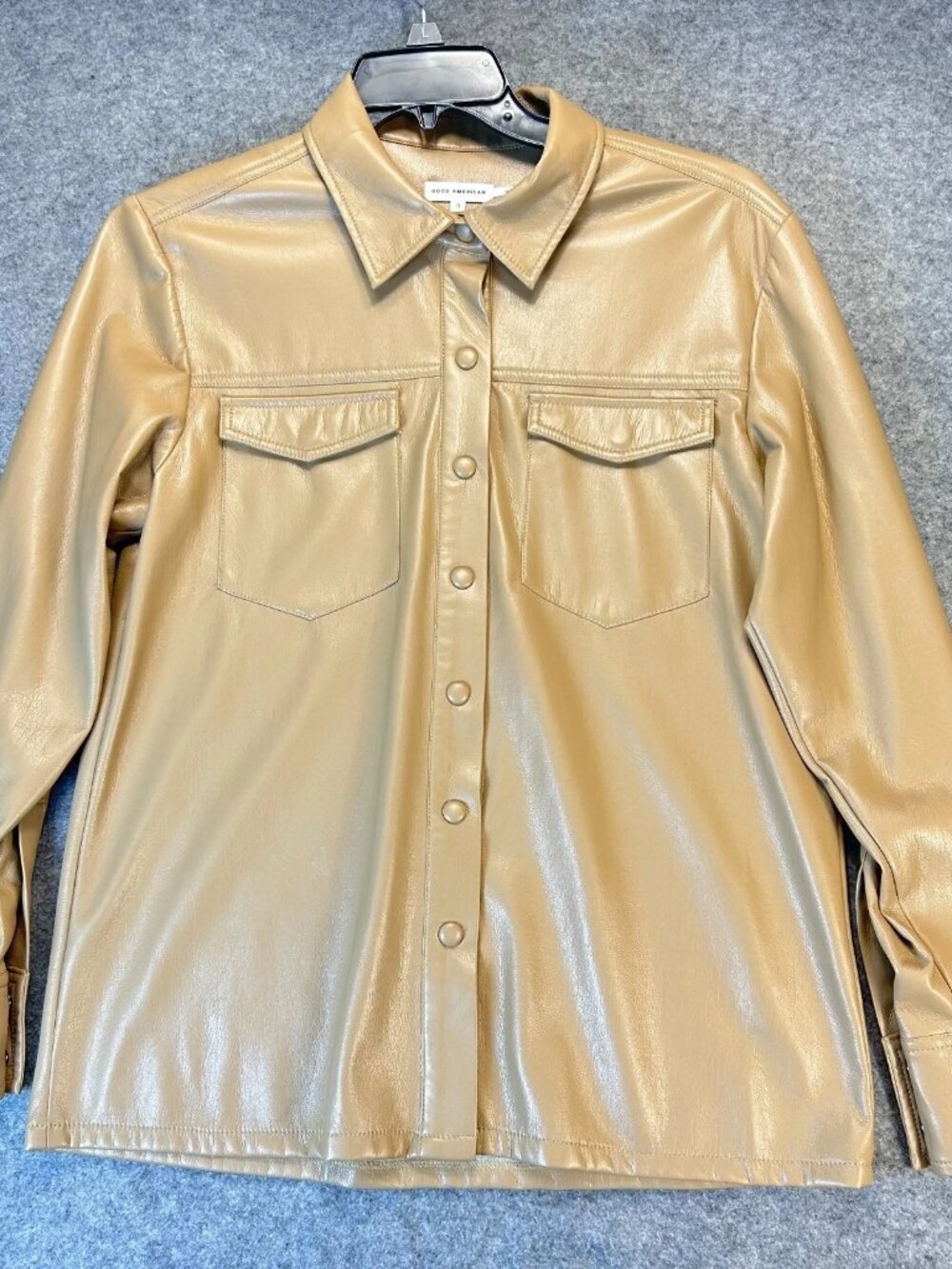 Good American Soft Leather Shacket Jacket Womens 3 Tan Snap Closer Relaxed Fit
